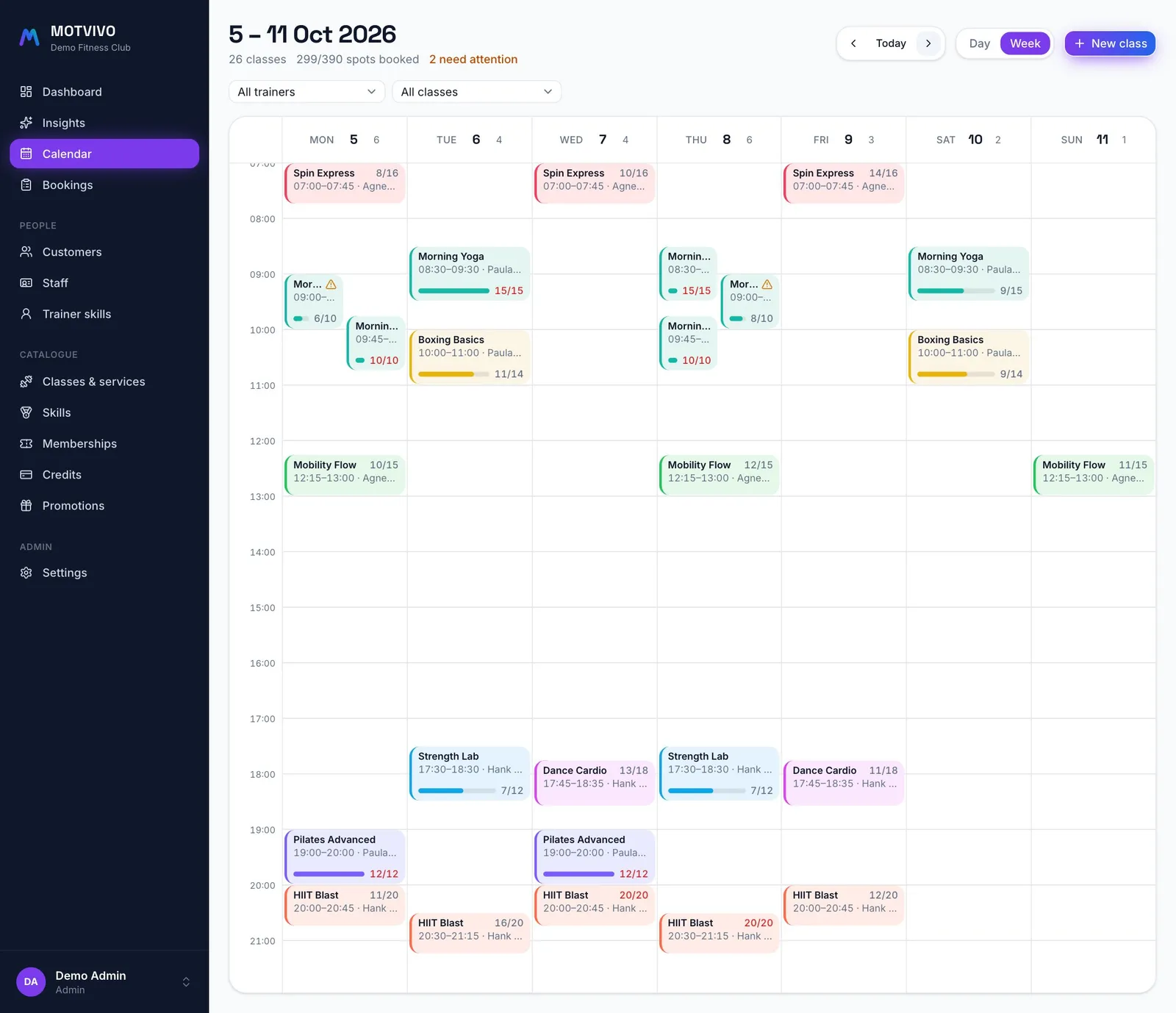 MOTVIVO staff calendar with a busy week of classes