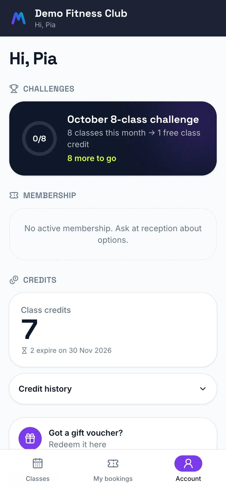 Account with challenge progress and credits