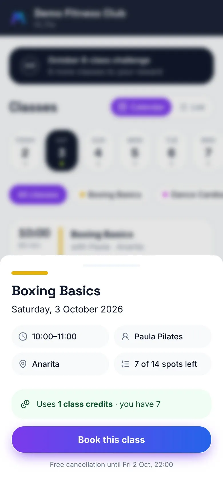 Booking a class with credits